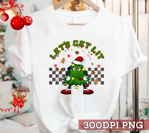 Groovy Let's Get Lit Christmas Tree Xmas Lights T-Shirt