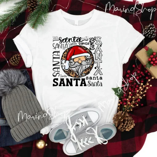 Leopard Santa Typography Team Santa Claus T-Shirt