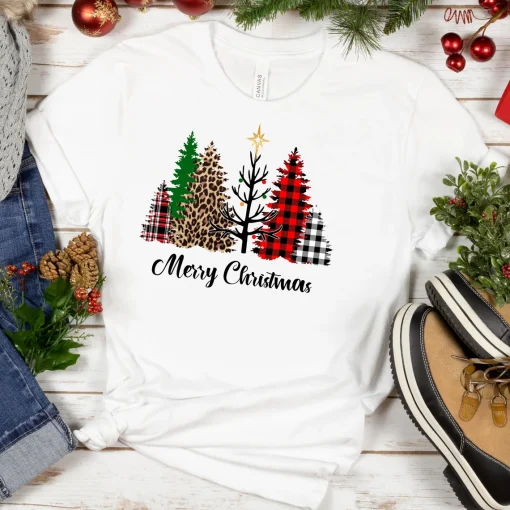 Merry Christmas Buffalo Plaid Leopard Print Christmas Trees T-shirt