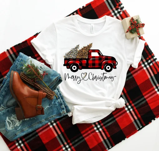 Red Buffalo Plaid & Leopard Merry Christmas T-Shirt