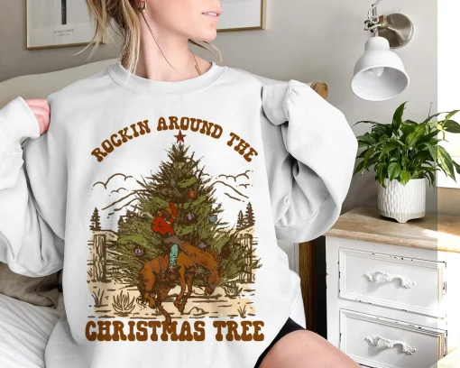 Rockin Around The Christmas Tree Bronco Cowboy Rodeo T-shirt