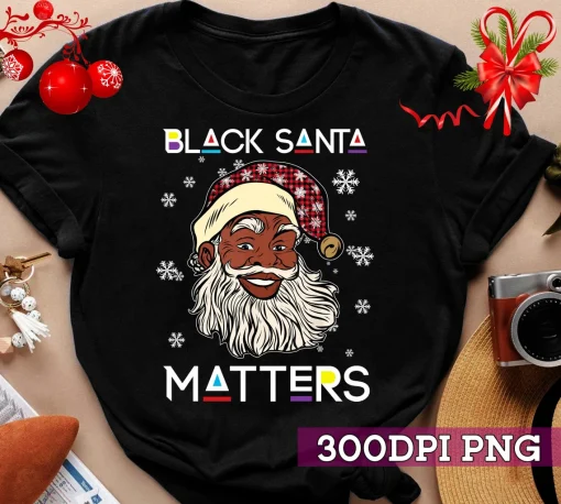 Santa Black Matters Afro African American Santa Face Christmas Red Plaid T-Shirt