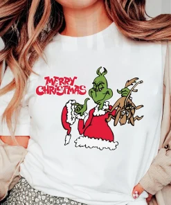 Santa Grinch and Deer Merry Christmas Cute T-shirt