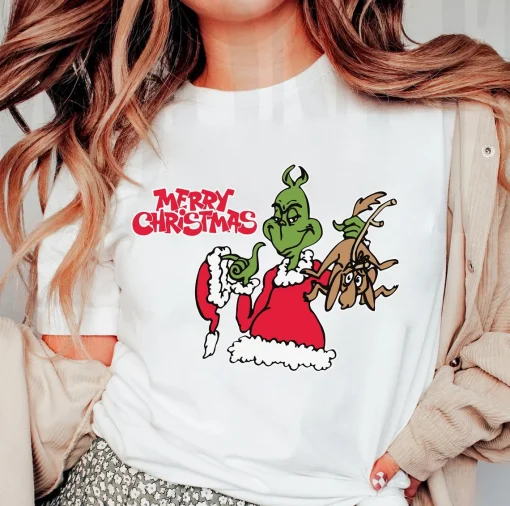 Santa Grinch and Deer Merry Christmas Cute T-shirt