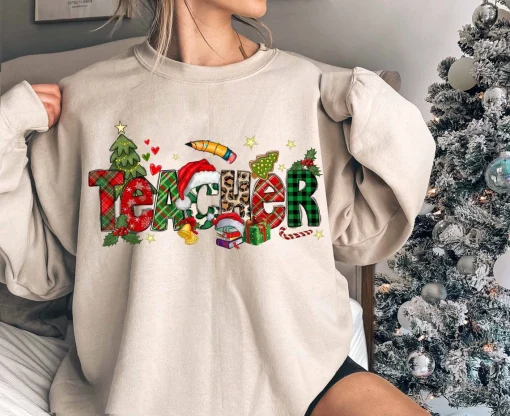 Teacher Christmas Leopard Plaid Xmas Tree Tee Shirt