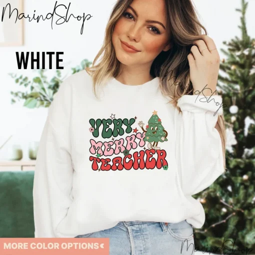 Very Merry Teacher Retro Christmas T-Shirt