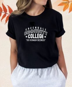 Charley Koontz Wearing Greendale Community College Go Human Beings Shirt