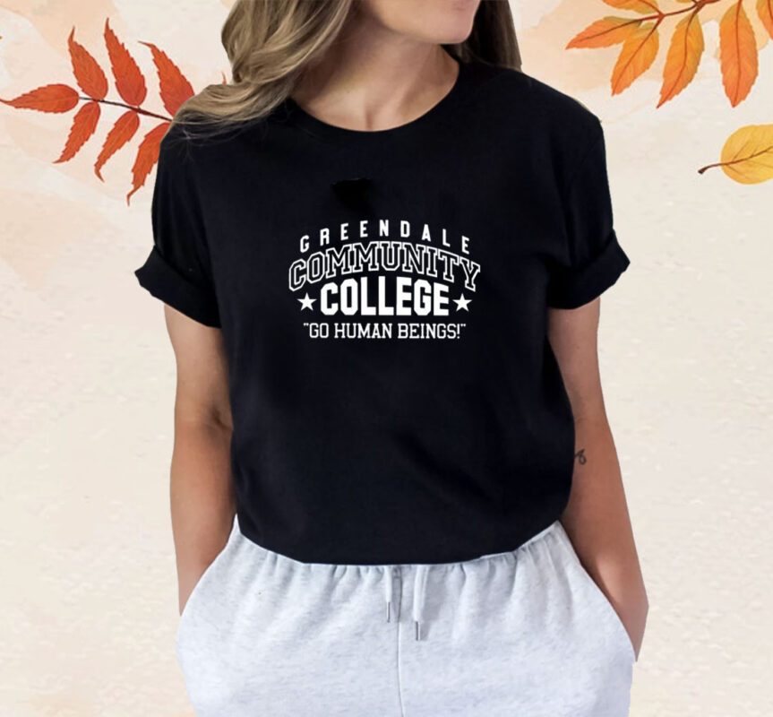 Charley Koontz Wearing Greendale Community College Go Human Beings Shirt