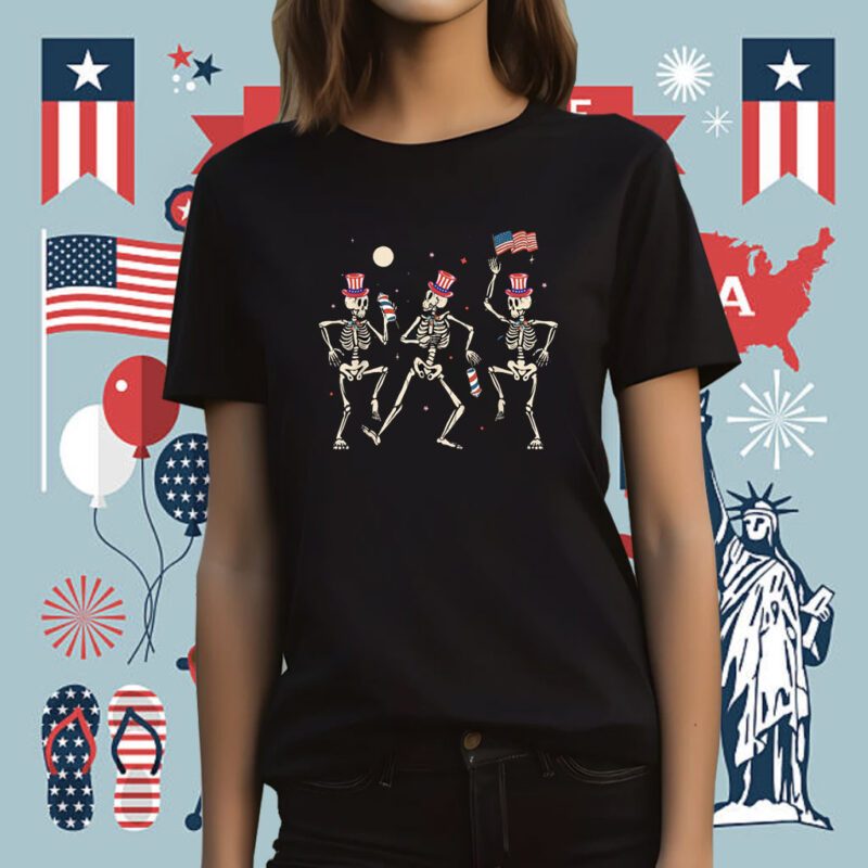 Dancing Skeleton 4th of July American Flag Skellies Tee Shirt