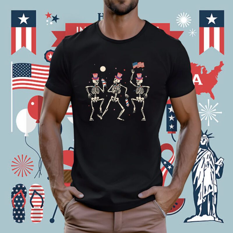 Dancing Skeleton 4th of July American Flag Skellies Tee Shirt