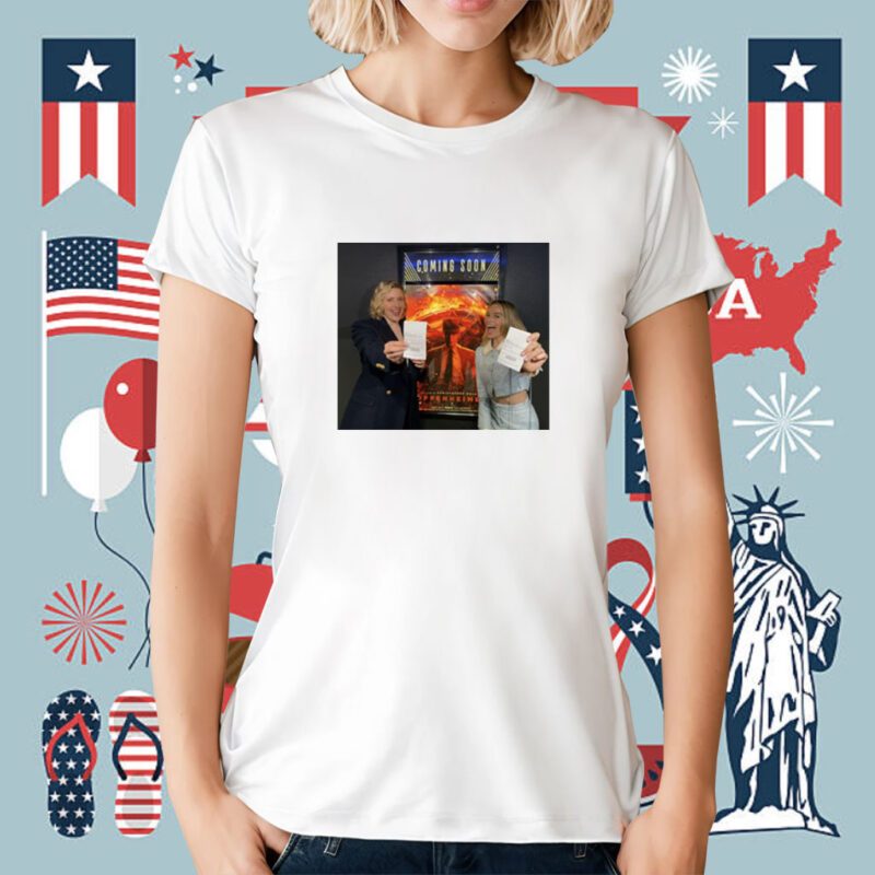 Greta Gerwig And Margot Robbie Seated For Oppenheimer Tee Shirt