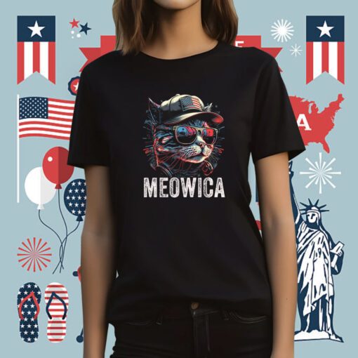 Meowica 4th of July Cat American Flag America USA T-Shirt