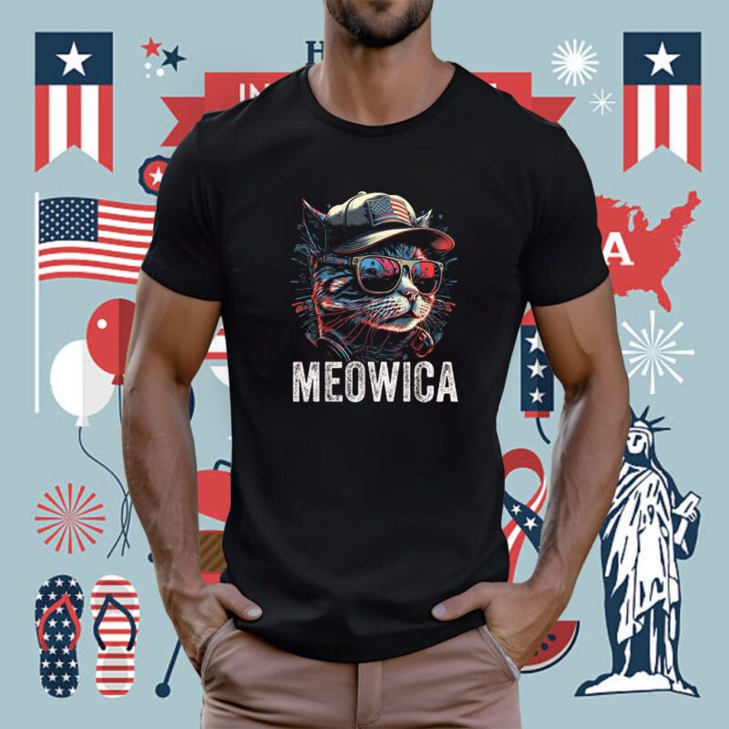 Meowica 4th of July Cat American Flag America USA T-Shirt