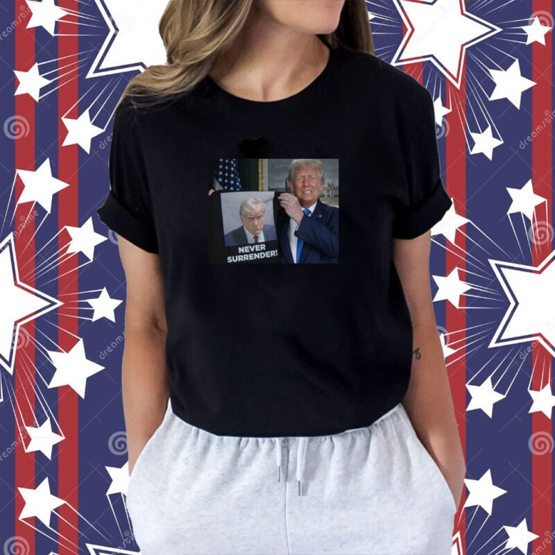 Trump Shows Off Trump Mugshot Never Surrender Tee Shirt