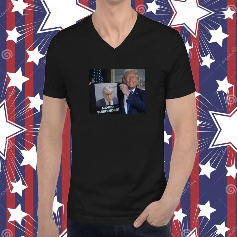 Trump Shows Off Trump Mugshot Never Surrender Tee Shirt