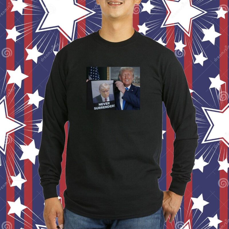 Trump Shows Off Trump Mugshot Never Surrender Tee Shirt