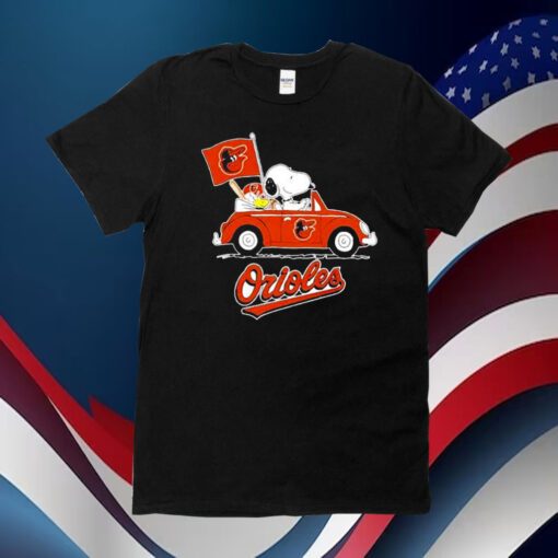 Snoopy Drives Car With Baltimore Orioles Flag Tee Shirt