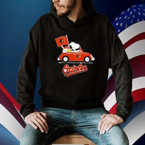 Snoopy Drives Car With Baltimore Orioles Flag Tee Shirt