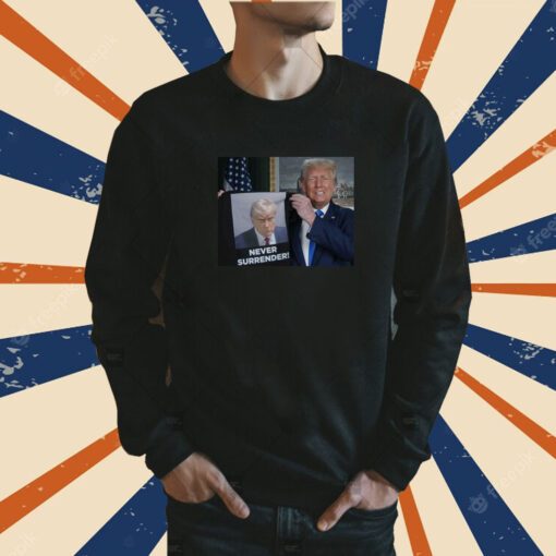 2024 Trump Shows Off Mugshot Never Surrender Shirt